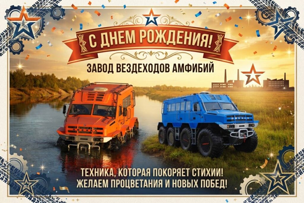 Поздравительная открытка ко дню рождения завода вездеходов-амфибий ЗВЕЗДА